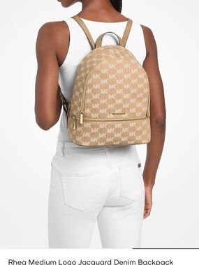 Michael Kors Rhea Medium Logo Jacquard Backpack in Beige